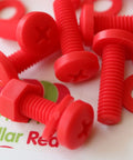 Top Tier Red Polypropylene Pan Head Cross Recess Fasteners M6 X 20mm Set Includes Matching Nuts And Washers laid out in a close-up.
