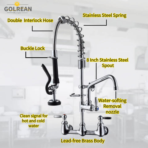 Commercial Sink Faucet With Sprayer And Pre Rinse Wall Mount 8 Inch Center 20 Inch Tall With 8 Inch Swivel Spout Built To Hustle