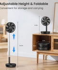 Rechargeable Portable Standing Fan With 8000mAh Battery Remote Quiet 8.1 Inch Oscillating Pedestal Floor Fan LED Display And Timer Foldable Desk Fan For Bedroom Office Camping Travel On The Go, shown at full height and folded on a shelf