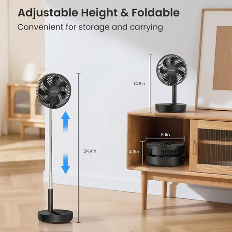 Rechargeable Portable Standing Fan With 8000mAh Battery Remote Quiet 8.1 Inch Oscillating Pedestal Floor Fan LED Display And Timer Foldable Desk Fan For Bedroom Office Camping Travel On The Go, shown at full height and folded on a shelf