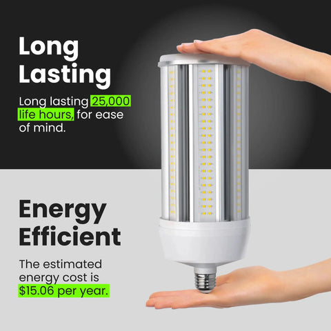 Mega Bright 125W LED Corn Cob Bulb With 15000 Lumens 5000K Daylight 750W Replacement Mogul Base Adapter Included 25000 Hour Life Energy Saving shown held between hands, showcasing size and design.