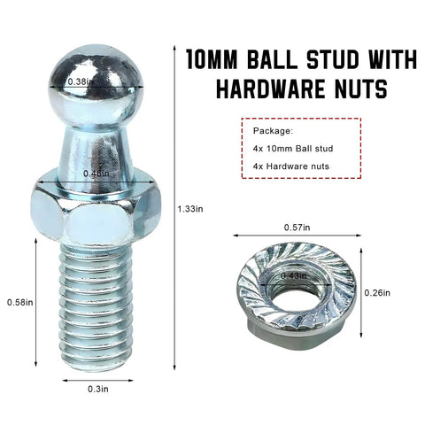 4 Pack Heavy Duty 10 Mm Ball Stud With Nuts For Gas Spring Strut Fittings 5/16-18 Thread 9/16 Inch Long Shank Carbon Steel Ball End