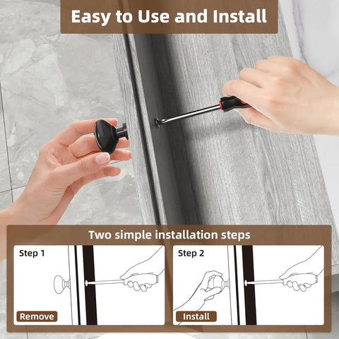 Hands installing a matte black cabinet knob using a screwdriver, demonstrating the 10 Pack Matte Black Cabinet Knobs And Solid Zinc Drawer Pulls For Kitchen Cabinets Badass Bathroom Furniture Handles Slick Corrosion Resistant Finish Tarnish Proof Heavy Duty Hardware Set For Your Home.