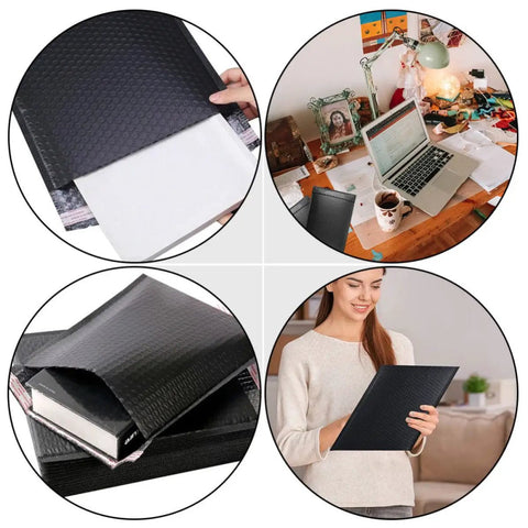 Five Pack Black Tear Resistant Bubble Pouches with Waterproof Self Adhesive Seal for Mailing and Shipping Delicate Gear Like Jewelry Medals Glass and Small Gifts, shown in different usage scenarios.