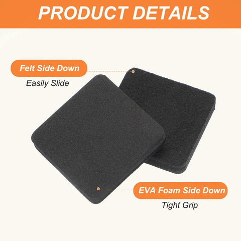 Close-up of 5 Inch Felt Furniture Sliders Square Movers 8 Pack Reusable FloorProtectors showing felt and EVA foam sides for usage.