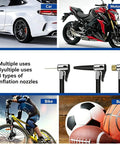 No Sweat Portable Tire Inflator With Digital Air Compressor And Slick Led Display Smart 4 In 1 quick fill pump showing car, motorcycle, bike, and sports balls.