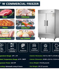 Image of 54 Inch Wide Two Door Commercial Stainless Steel Freezer 42.2 Cu Ft Upright Cold Storage with food images.