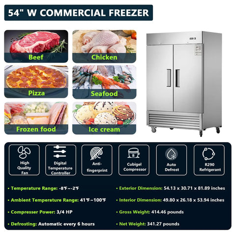 Image of 54 Inch Wide Two Door Commercial Stainless Steel Freezer 42.2 Cu Ft Upright Cold Storage with food images.