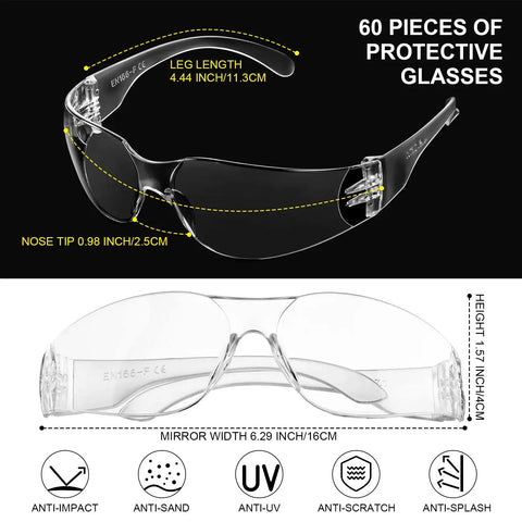 60 Pairs Protective Safety Goggles With 60 Pairs Reusable Earplugs, Clear Anti Scratch UV Resistant Wraparound Eyewear dimensions