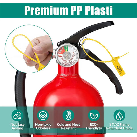 Hand securing fire extinguisher with 1000 Pack Plastic Tamper Seals For Fire Extinguishers And Safety Tags Security Seals With Numbered Zip Ties Disposable Self Locking Signage Must Have For Bags Cables Hospitals Banks And More 9.84 Inch Length