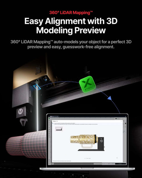 Front view of xTool RA3 MagSwap rotary on a laser engraver with 360° LiDAR mapping, laptop showing a 3D model.