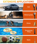 Image showing extensive applications for Portable Tire Inflator Air Compressor 12V DC With Auto Shut Off And Digital Pressure Gauge 100 PSI Corded Pump for cars, motorcycles, bikes, swimming rings, and sports balls.