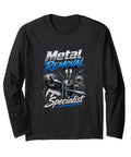 Cool Machinist Long Sleeve Tee For Men With Gauge Square And Vise Graphics Perfect CNC Tool Gift Featuring Lightweight Black Classic Fit Double Needle Hem Style front view with 'Metal Removal Specialist' graphics