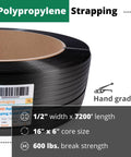 Top Tier 1/2 X 7200 Ft Polypropylene Strapping Roll With 600 Lb Break Strength, tough black embossed strapping for cargo security.