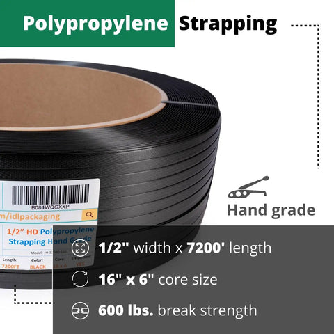 Top Tier 1/2 X 7200 Ft Polypropylene Strapping Roll With 600 Lb Break Strength, tough black embossed strapping for cargo security.