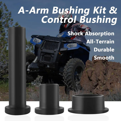 Suspension A Arm Bushing Kit For Polaris Sportsman ATV 28 Piece Upgrade Fits 1996 To 2018 Models 335 400 450 500 570 800 ETX Replacement Bushings, three black bushings with ATV in background