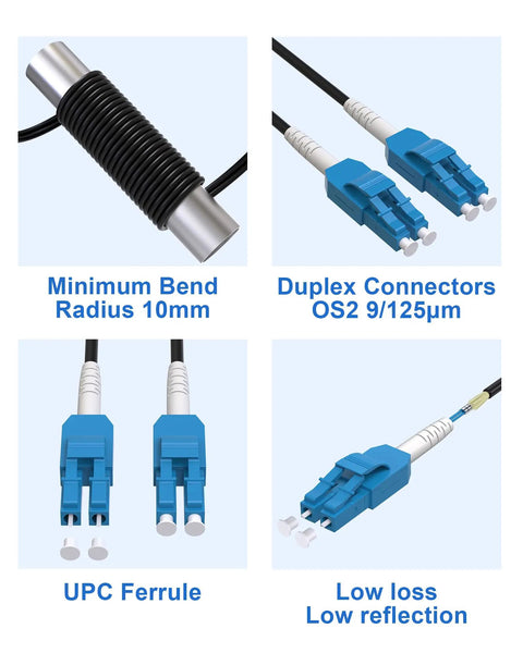 Heavy Duty LC To LC Fiber Patch Cable OS2 Singlemode Armored Uniboot Design 30 Meters 98 Feet showing duplex connectors and UPC ferrule.