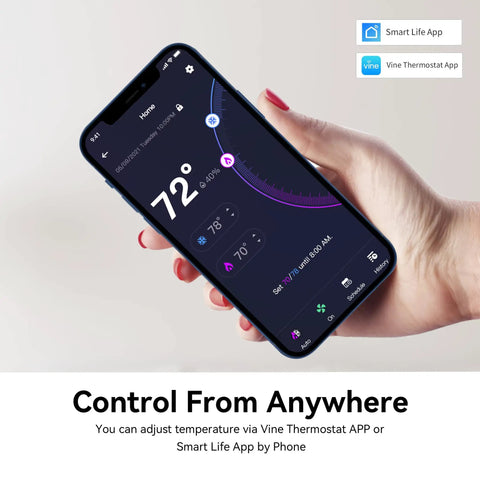 Phone displaying app for 4 Inch Full Touch Screen Smart WiFi Thermostat TJ-560 With App Control Energy Saving Easy Install