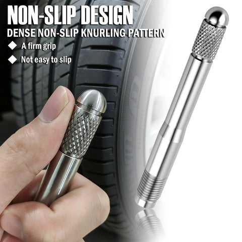 Close-up of stainless steel wheel alignment pin with M14x1.5 thread, knurled grip, used for steadying wheels during alignment.