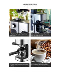 Operation steps for Italian 5 Bar Semi Automatic Espresso Machine showing water tank, loading coffee, brewing, and a coffee cup.