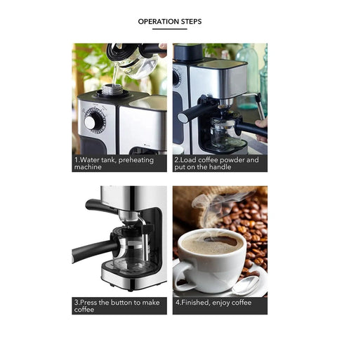Operation steps for Italian 5 Bar Semi Automatic Espresso Machine showing water tank, loading coffee, brewing, and a coffee cup.