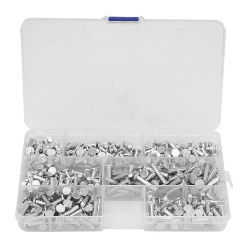 Rivet Hammer And Aluminum Flat Rivets Kit, 350 Piece Assortment with organized aluminum rivets in storage box, various sizes visible.