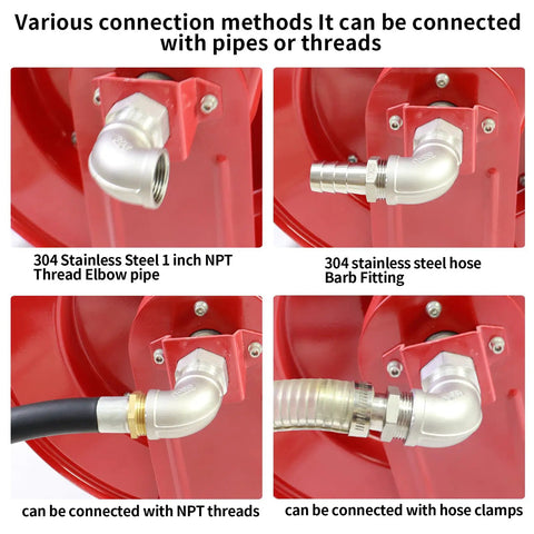 1 Inch Fuel Hose Reel With 50 Ft Retractable Ratchet Spring Drive, Diesel Hose Reel With 360 Degree Swivel, Auto Shut Off Nozzle, 300 PSI, 1 Inch NPT Inlet And Outlet, SS304 Elbow, Barb Fitting For Quick Refuel connection methods