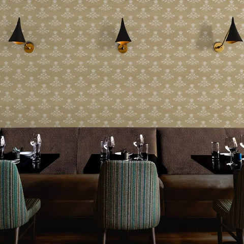 Custom Printed Block Print Faux Vinyl Wallpaper Featuring Subtle Leather Texture And Next Level Commercial Grade Durability Professional Paste Application For Event Spaces And Home Refreshes Built Tough in restaurant seating area.