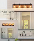 Four-Light Farmhouse Vanity Light Over Mirror With Bubble Glass Shades, Rustic Gray Wood-Look Metal Backplate in Bathroom Setting