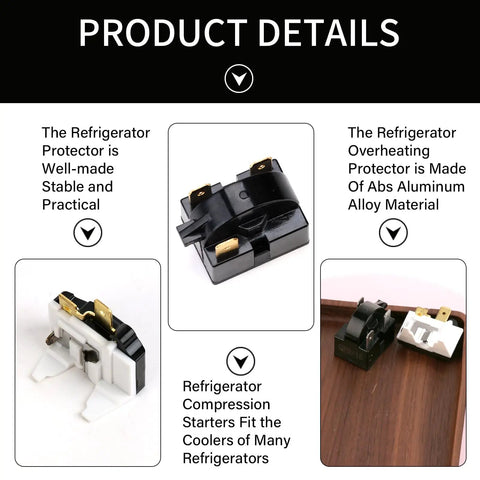 PTC Refrigerator Start Relay And Overload Protector Kit With 3 Pin 15 Ohm Starter on wooden table and descriptions