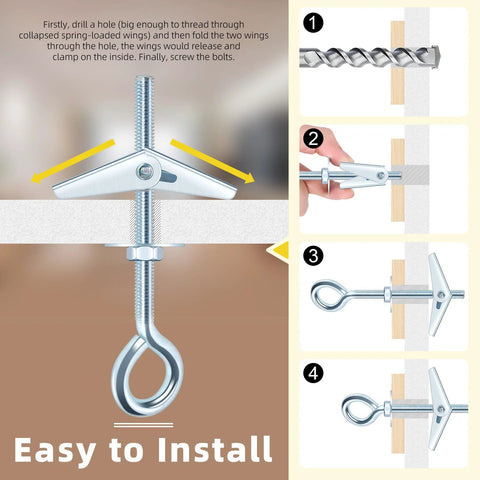Installation guide for 18Pcs M4 M5 M6 Eye Bolt Toggle Bolts Assortment Kit with Eye Hooks for Drywall and Concrete