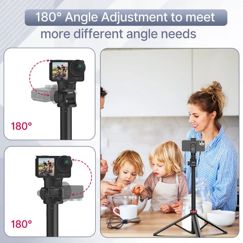 MT79 Extendable Aluminum Tripod Stand 81 Inch Reach with 180 Degree Rotation for Cameras and Phones, shown in kitchen setting