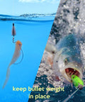 Rubber Bobber Stopper Set For Texas Rig And Flipping, shown underwater holding weight, and a fish caught on a lure.