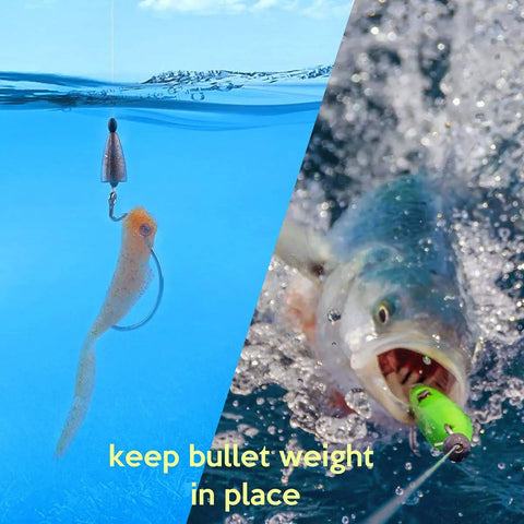 Rubber Bobber Stopper Set For Texas Rig And Flipping, shown underwater holding weight, and a fish caught on a lure.