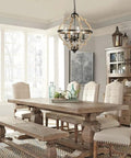 Dining room with hanging 4 Light Orb Farmhouse Chandelier Stardust Finish Handmade Rustic Vintage Wood Light Fixture