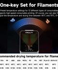 Filament Dryer Plus Dual Spool Storage temperature settings and drying times for PLA, PETG, ABS shown on screen