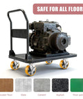 Built Tough Six Inch Heavy Duty Caster Wheels Set Of Four With Secure Lock Plates Rock Solid Six Thousand Pound Lift Capacity For Shop Carts Workbenches And Utility Dollies In Bright Orange Finish on a utility cart carrying an engine.
