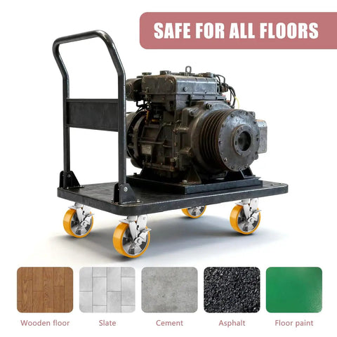 Built Tough Six Inch Heavy Duty Caster Wheels Set Of Four With Secure Lock Plates Rock Solid Six Thousand Pound Lift Capacity For Shop Carts Workbenches And Utility Dollies In Bright Orange Finish on a utility cart carrying an engine.