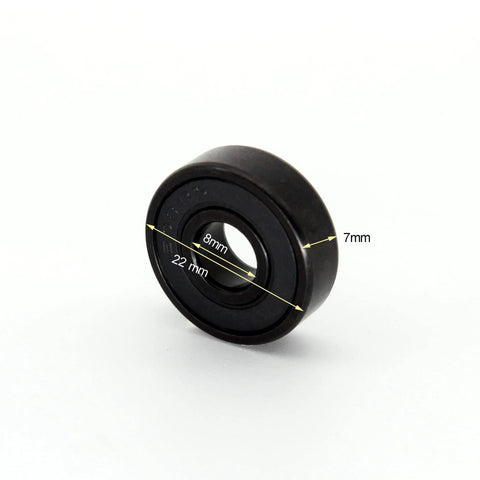 Black 608RS bearing with 8mm bore and 22mm outer diameter; 7mm wide, close-up view.