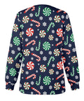 Back view of Womens Christmas Print Long Sleeve Medical Scrub Jacket With Snap Front For Quick On Off And Full Mobility For Nurses