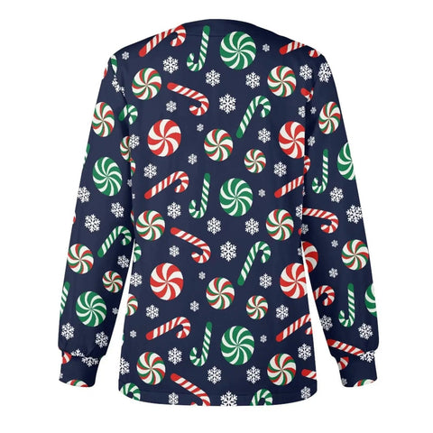 Back view of Womens Christmas Print Long Sleeve Medical Scrub Jacket With Snap Front For Quick On Off And Full Mobility For Nurses