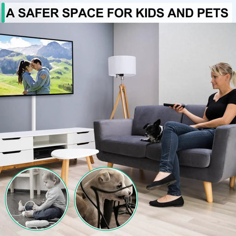 Living room with Six Pack White Cord Covers For Wall Cables Self Adhesive TV Wire Management installed, hiding TV cables.