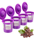 Pack of 4 purple stainless steel refillable K Cups for 1.0 and 2.0 brewers with coffee beans and leaves.