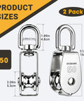 Twin Pack M50 Rope Pulley Block In 304 Stainless Steel, Heavy Duty Swivel Pulley For Crane Lifting And Rigging, Hanging Wire And Cable, Rust Resistant Double Wheel Block For Tough Work Sites. M50 stainless steel pulley block, 2 pack, size view