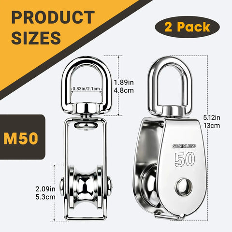 Twin Pack M50 Rope Pulley Block In 304 Stainless Steel, Heavy Duty Swivel Pulley For Crane Lifting And Rigging, Hanging Wire And Cable, Rust Resistant Double Wheel Block For Tough Work Sites. M50 stainless steel pulley block, 2 pack, size view
