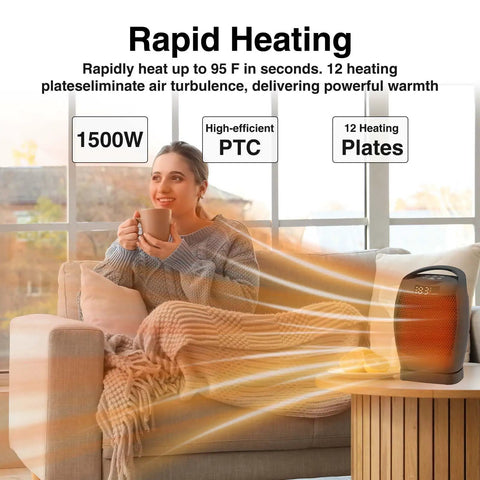 Person enjoying warmth from Indoor Portable Space Heater 1500W With PTC Ceramic Heating Thermostat And Remote in living room
