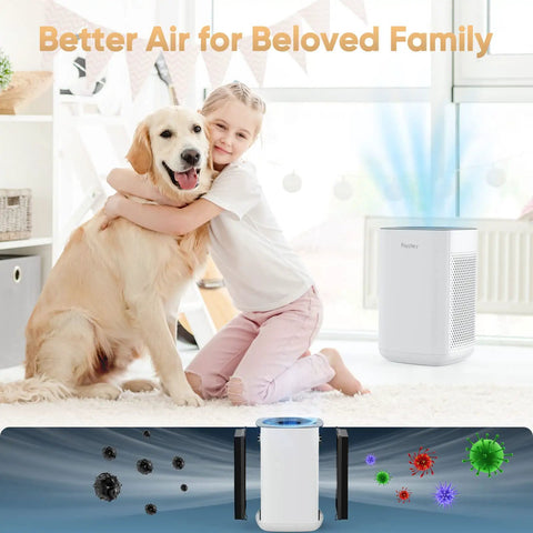 Child and dog in room with air purifier; image shows Air Purifier Replacement Filter With True HEPA Filtration Three Stage System Removes Ninety Nine Point Nine Seven Percent Smoke Odor And Dust For Bedroom And Office Two Pack.