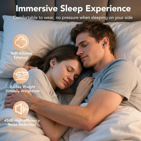 Couple wearing Noise Cancelling Silicone Ear Plugs for Sleep and Snoring Reduction, Soft Reusable for Deep Sleep, resting in bed
