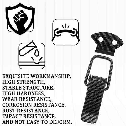 Heavy Duty Carbon Fiber Bumper Clips 2 Pack Quick Release Security Lock with text on durability benefits.