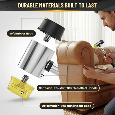 Exploded view of a 25mm Double-Faced Rubber Mallet Hammer with soft non-marring heads, showing materials used in construction.